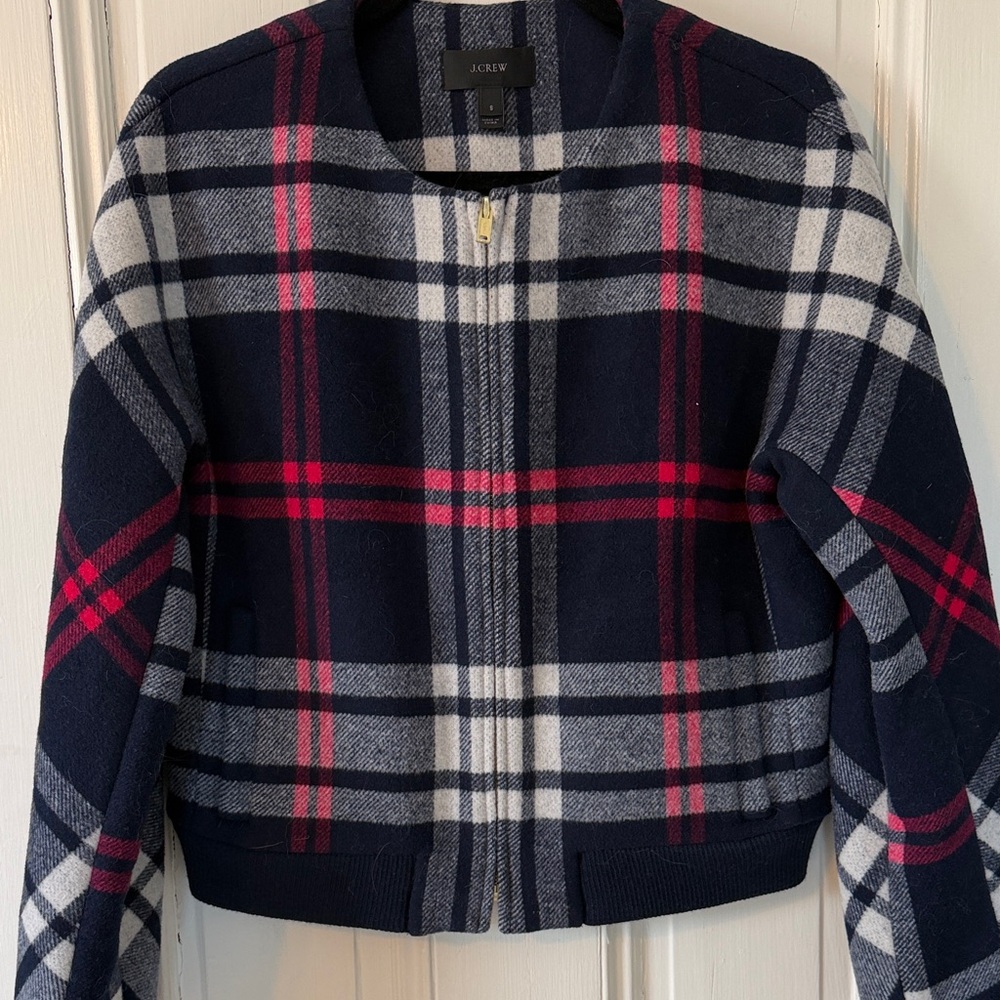 J. Crew Navy Plaid Wool Bomber Jacket with Pink Accents - Picture 8 of 9